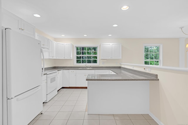 153 Louis Hill Rd Unit 153, Newtown, CT 06482 - kitchen with white appliances, a peninsula, white cabinetry, and recessed lighting