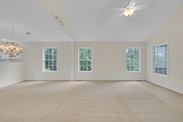 153 Louis Hill Rd Unit 153, Newtown, CT 06482 - unfurnished room featuring light colored carpet, a chandelier, ceiling fan, and lofted ceiling