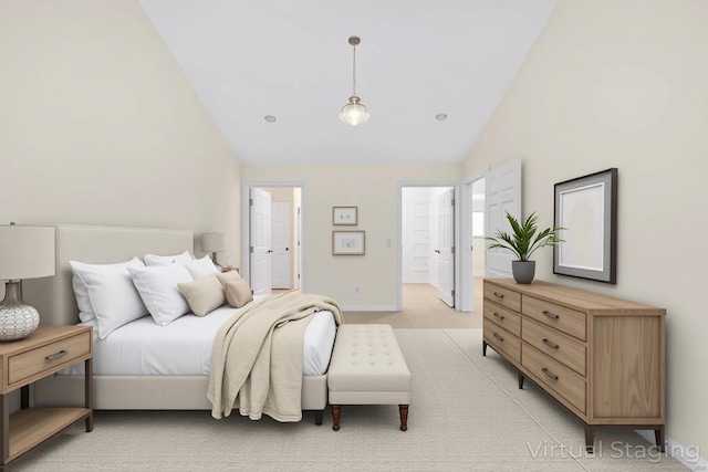 153 Louis Hill Rd Unit 153, Newtown, CT 06482 - bedroom featuring high vaulted ceiling, light colored carpet, and ensuite bath