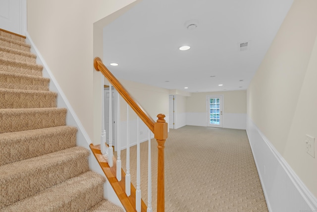 153 Louis Hill Rd Unit 153, Newtown, CT 06482 - stairway featuring carpet floors, recessed lighting, and wainscoting