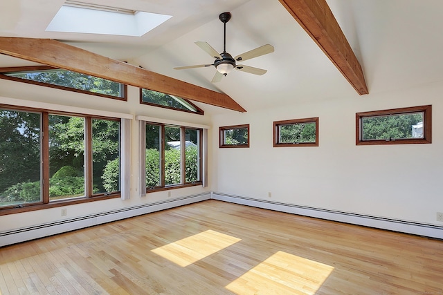 134 Millard St, Fairfield, CT 06824 - spare room with a skylight, beamed ceiling, wood finished floors, a ceiling fan, and high vaulted ceiling