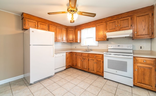 103 Saltonstall Pkwy, East Haven, CT 06512 - kitchen with under cabinet range hood, white appliances, and brown cabinetry