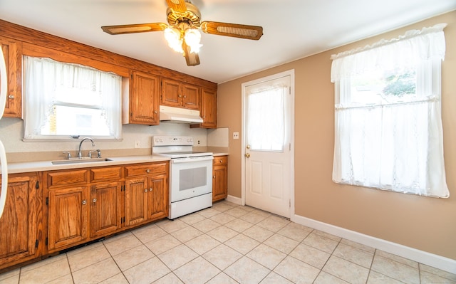103 Saltonstall Pkwy, East Haven, CT 06512 - kitchen featuring white range with electric cooktop, under cabinet range hood, light countertops, and brown cabinetry