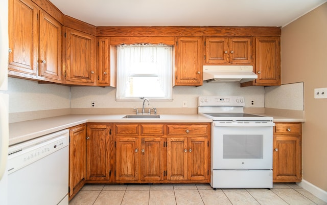 103 Saltonstall Pkwy, East Haven, CT 06512 - kitchen featuring under cabinet range hood, white appliances, and brown cabinets
