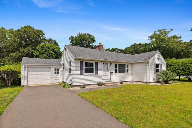 882 Tolland St, East Hartford, CT 06108 - single story home featuring a chimney, a front yard, an attached garage, driveway, and a shingled roof