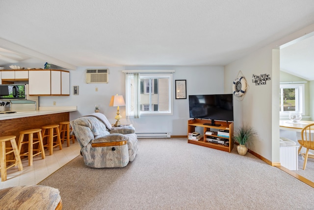81 Standish Rd, Coventry, CT 06238 - living room featuring a baseboard heating unit, a wall mounted AC, light colored carpet, and a textured ceiling