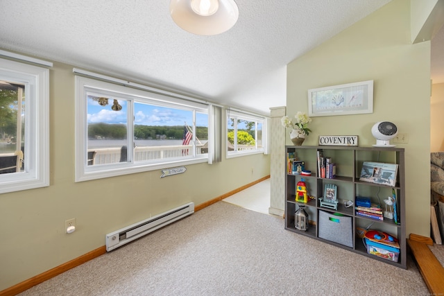 81 Standish Rd, Coventry, CT 06238 - playroom with baseboard heating, carpet, a textured ceiling, and lofted ceiling