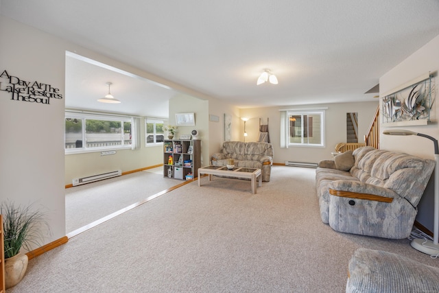81 Standish Rd, Coventry, CT 06238 - living room with carpet floors, stairs, and baseboard heating