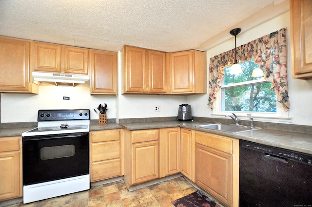9 Eleanor Rd, Enfield, CT 06082 - kitchen featuring dishwasher, range with electric cooktop, under cabinet range hood, dark countertops, and a textured ceiling