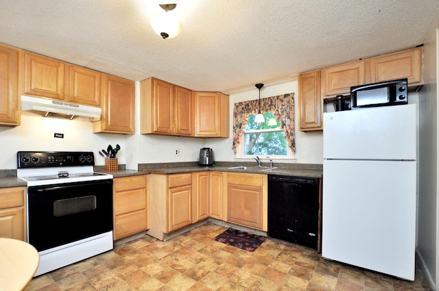 9 Eleanor Rd, Enfield, CT 06082 - kitchen featuring white appliances, under cabinet range hood, dark countertops, light brown cabinets, and a textured ceiling