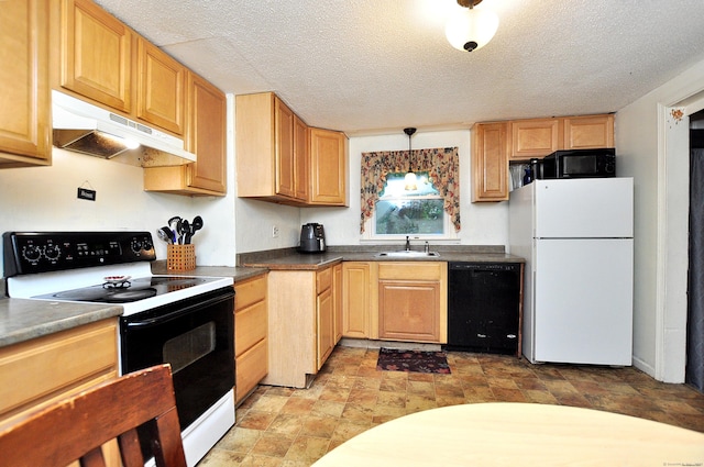 9 Eleanor Rd, Enfield, CT 06082 - kitchen featuring black appliances, under cabinet range hood, a textured ceiling, dark countertops, and light brown cabinetry