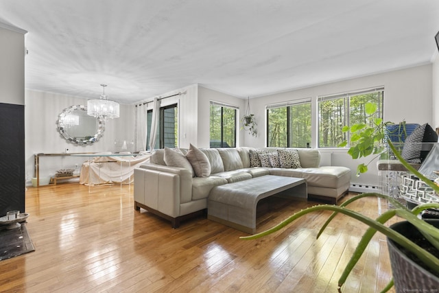 67 Woodside Cir Unit 67, Torrington, CT 06790 - living room featuring a baseboard heating unit, wood-type flooring, and a chandelier