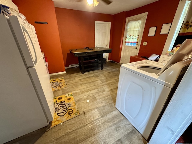 81 Easton Ave, Waterbury, CT 06704 - laundry room with washer and clothes dryer, light wood finished floors, and a ceiling fan