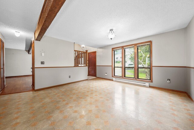 24 Cadbury Pl, Naugatuck, CT 06770 - unfurnished room with baseboard heating, a textured ceiling, and beam ceiling