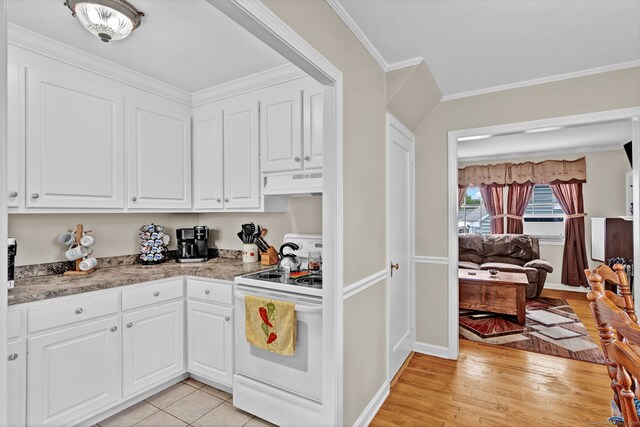 98 Morningside Dr W, Bristol, CT 06010 - kitchen featuring white range with electric stovetop, custom exhaust hood, white cabinetry, ornamental molding, and light wood finished floors