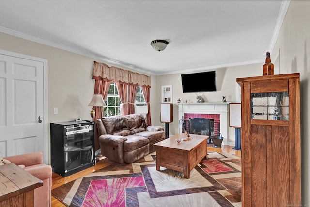 98 Morningside Dr W, Bristol, CT 06010 - living area with crown molding, wood finished floors, and a fireplace
