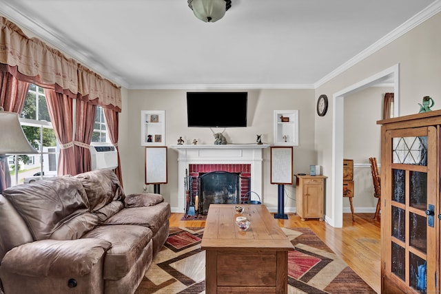 98 Morningside Dr W, Bristol, CT 06010 - living area featuring ornamental molding, a fireplace, light wood-style floors, and cooling unit