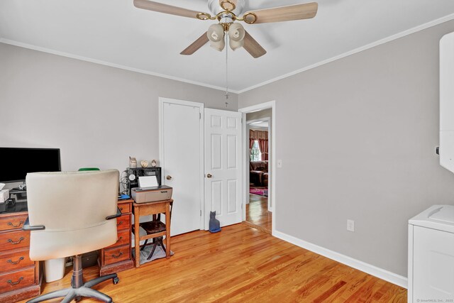 98 Morningside Dr W, Bristol, CT 06010 - office with washer / dryer, ceiling fan, light wood-style floors, and ornamental molding