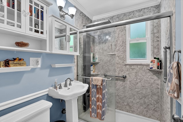 98 Morningside Dr W, Bristol, CT 06010 - bathroom featuring ornamental molding and an enclosed shower