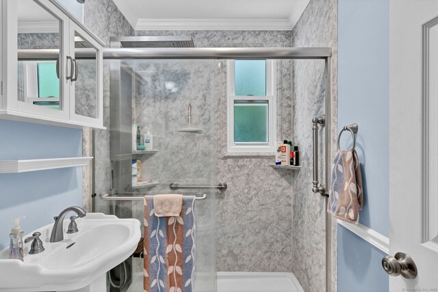 98 Morningside Dr W, Bristol, CT 06010 - bathroom featuring crown molding and a shower stall