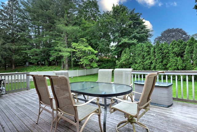31 Meadowview Dr, Trumbull, CT 06611 - wooden terrace featuring outdoor dining area, a yard, and view of wooded area