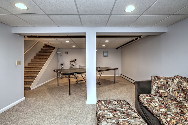 31 Meadowview Dr, Trumbull, CT 06611 - rec room featuring baseboard heating, carpet floors, recessed lighting, and a paneled ceiling