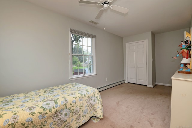 31 Meadowview Dr, Trumbull, CT 06611 - bedroom with baseboard heating, light carpet, a closet, and ceiling fan