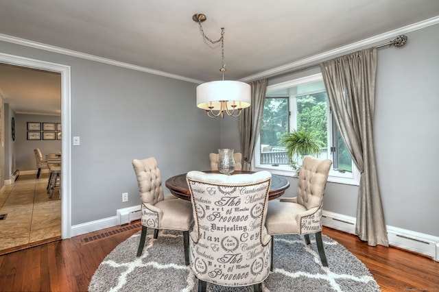 31 Meadowview Dr, Trumbull, CT 06611 - dining space with crown molding, wood finished floors, a chandelier, and baseboard heating