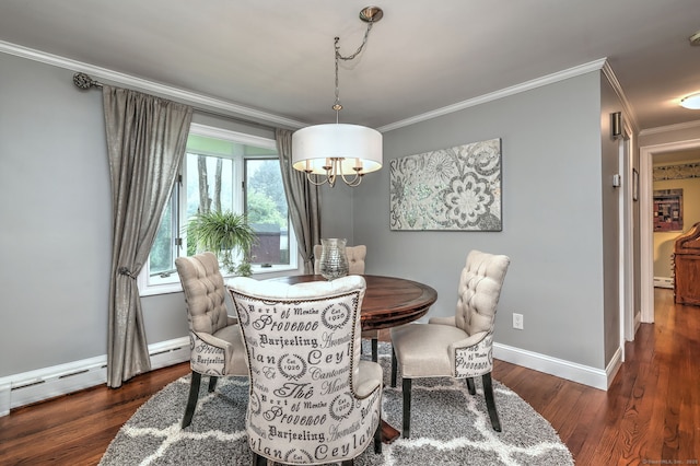 31 Meadowview Dr, Trumbull, CT 06611 - dining area with ornamental molding, wood finished floors, a chandelier, and baseboard heating