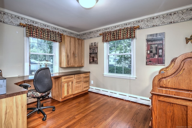 31 Meadowview Dr, Trumbull, CT 06611 - office space featuring a baseboard radiator, dark wood-style floors, and crown molding