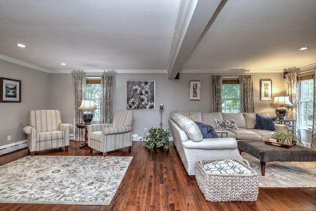 31 Meadowview Dr, Trumbull, CT 06611 - living area with dark wood finished floors, crown molding, recessed lighting, and a baseboard radiator