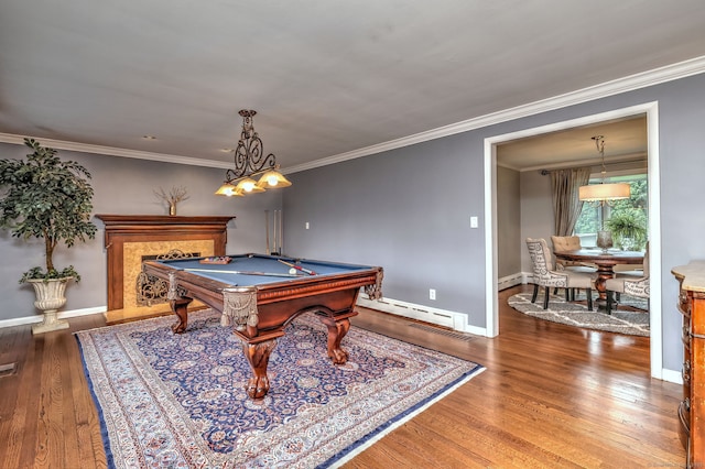 31 Meadowview Dr, Trumbull, CT 06611 - rec room with a baseboard heating unit, crown molding, wood finished floors, and billiards