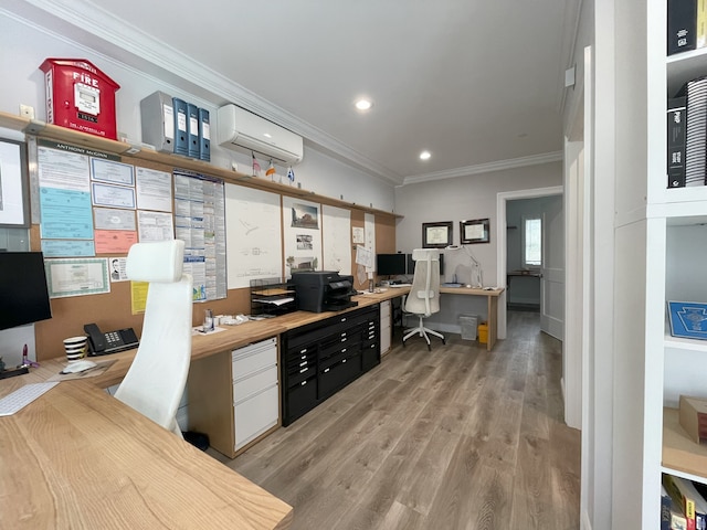 4 Armonk St, Greenwich, CT 06830 - office featuring built in desk, ornamental molding, a wall unit AC, light wood finished floors, and recessed lighting