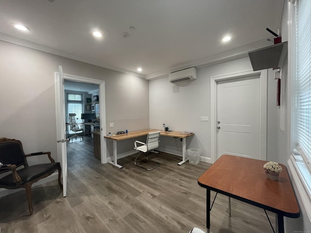 4 Armonk St, Greenwich, CT 06830 - office featuring a wall mounted AC, ornamental molding, wood finished floors, and recessed lighting