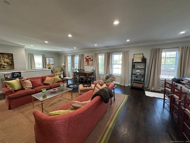 4 Armonk St, Greenwich, CT 06830 - living area featuring ornamental molding, plenty of natural light, recessed lighting, and dark wood-style flooring