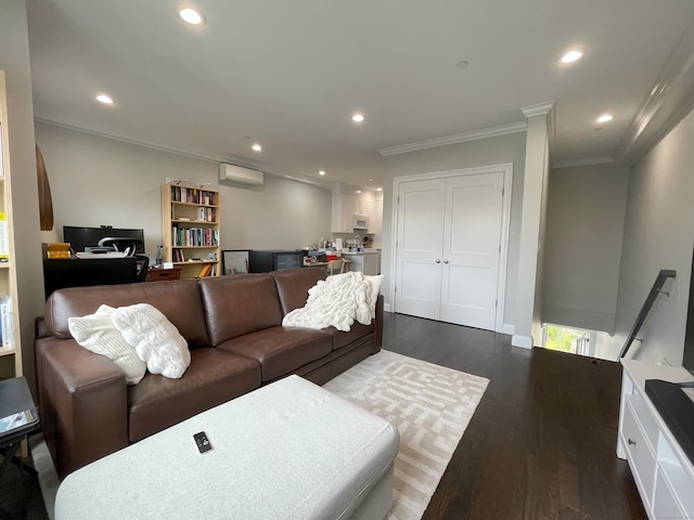 4 Armonk St, Greenwich, CT 06830 - living area featuring an AC wall unit, ornamental molding, dark wood finished floors, recessed lighting, and a desk