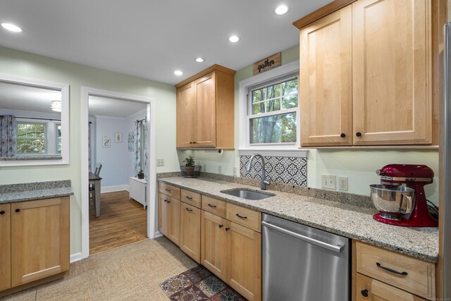 51 Carmel St, Hamden, CT 06518 - kitchen featuring dishwasher, light brown cabinetry, recessed lighting, and light stone counters
