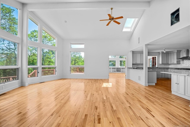 162 Shortwoods Rd, New Fairfield, CT 06812 - unfurnished living room with high vaulted ceiling, a skylight, plenty of natural light, ceiling fan, and light wood finished floors