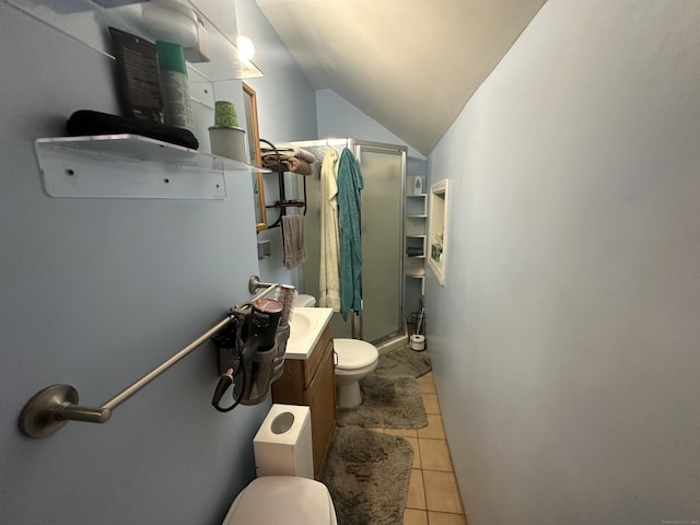 813 Russell St, New Haven, CT 06513 - bathroom featuring a shower stall, lofted ceiling, tile patterned floors, and vanity
