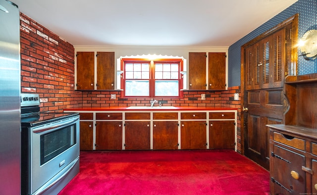 3 Fairview Hts, Cromwell, CT 06416 - kitchen featuring stainless steel appliances, dark carpet, and brick wall