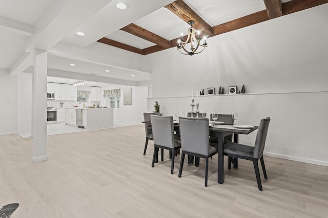 45 Westledge Rd, Simsbury, CT 06092 - dining room featuring recessed lighting, a chandelier, beamed ceiling, light wood-style flooring, and coffered ceiling