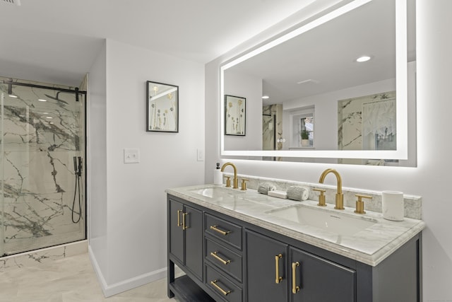 45 Westledge Rd, Simsbury, CT 06092 - full bathroom with marble look tiles, double vanity, a marble finish shower, and recessed lighting