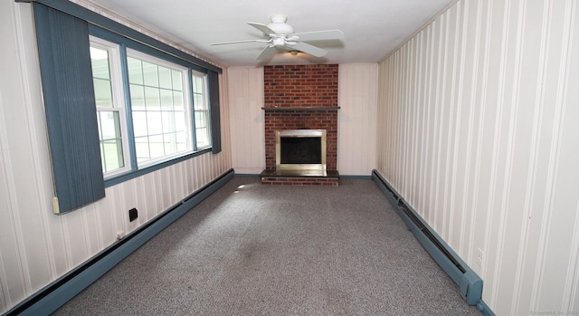 154 Sandy Ln, Meriden, CT 06450 - unfurnished living room featuring baseboard heating, a baseboard heating unit, carpet, ceiling fan, and a fireplace