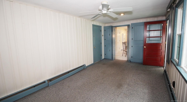 154 Sandy Ln, Meriden, CT 06450 - unfurnished room featuring a baseboard heating unit, ceiling fan, carpet flooring, and healthy amount of natural light