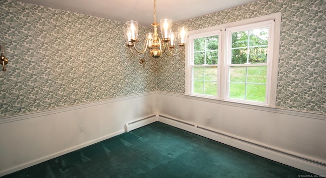 154 Sandy Ln, Meriden, CT 06450 - carpeted spare room featuring wallpapered walls, wainscoting, a baseboard radiator, and a chandelier