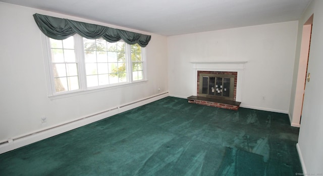 154 Sandy Ln, Meriden, CT 06450 - unfurnished living room with a baseboard heating unit, carpet, and a brick fireplace