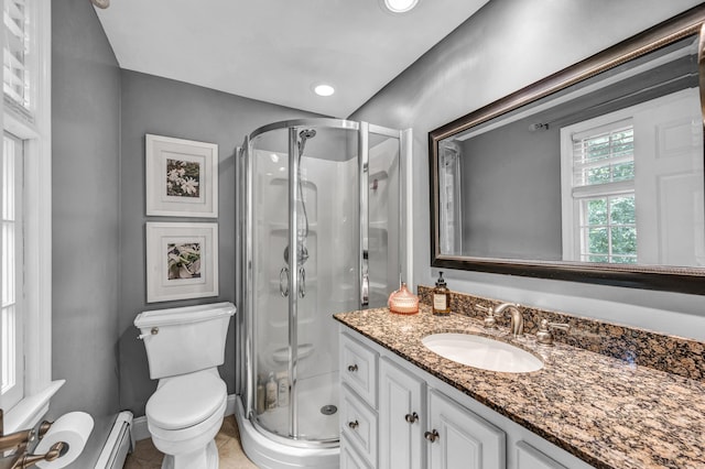 31 Country Way, Madison, CT 06443 - full bath featuring a shower stall, vanity, recessed lighting, and a baseboard heating unit