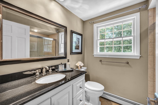 31 Country Way, Madison, CT 06443 - full bath featuring baseboard heating, vanity, tiled shower, and tile patterned flooring