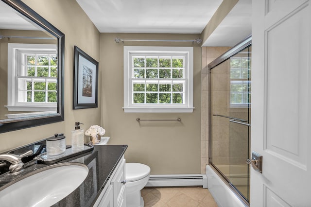 31 Country Way, Madison, CT 06443 - full bath featuring baseboard heating, vanity, tile patterned floors, and combined bath / shower with glass door
