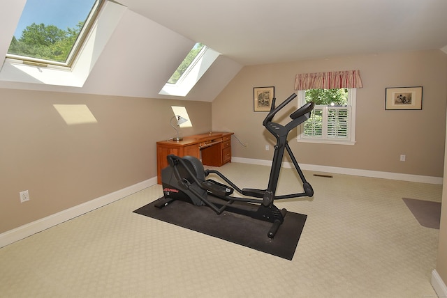 16 Brookfield Dr, Ellington, CT 06029 - exercise room featuring a skylight, light colored carpet, and lofted ceiling